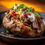 Loaded baked potato topped with steak and toppings, a hearty comfort food dish.