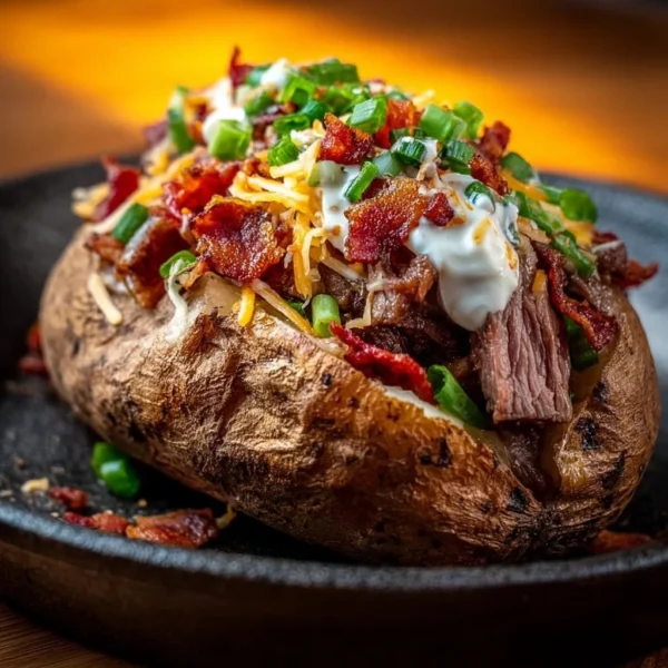 Loaded Baked Potato with Steak Recipe – Hearty Comfort Food Dinner Idea 1 Loaded baked potato topped with steak and toppings, a hearty comfort food dish.
