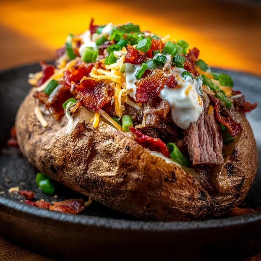 Loaded Baked Potato with Steak Recipe – Hearty Comfort Food Dinner Idea 1 Loaded baked potato topped with steak and toppings, a hearty comfort food dish.