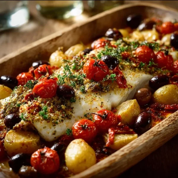 Plate of Mediterranean baked fish garnished with herbs and lemon slices