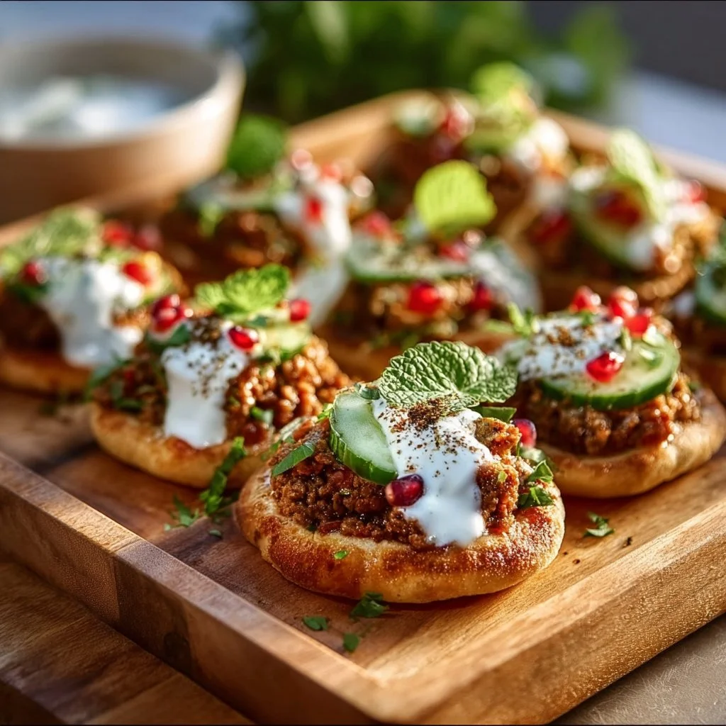 Mediterranean Mini Lahmacun Bites with Yogurt Drizzle 1 Mediterranean mini lahmacun bites with yogurt drizzle served as appetizers