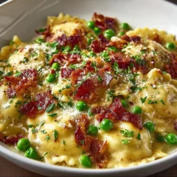 Delicious Olive Garden-inspired ravioli carbonara served in a bowl with sauce.