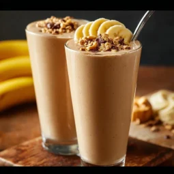 Peanut Butter Banana Smoothie: A Creamy, High-Protein Breakfast You’ll Crave Every Morning 3 Delicious Peanut Butter Banana Smoothie in a glass topped with banana slices and nuts.