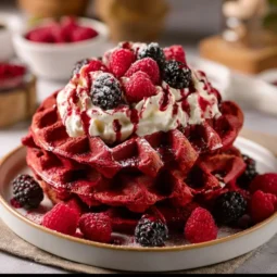 Red Velvet Waffles: A Stunning, Special Breakfast Treat You’ll Want to Make Every Weekend 3 Delicious red velvet waffles topped with cream cheese frosting and fresh berries