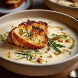 Roasted Garlic and White Bean Soup 2 Bowl of roasted garlic and white bean soup garnished with herbs