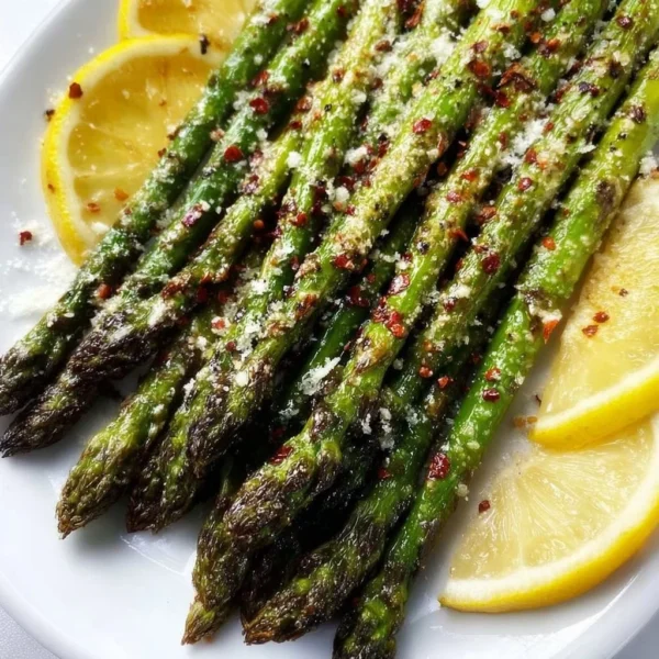 Plate of roasted Parmesan asparagus garnished with herbs