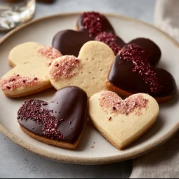 Romantic Chocolate-Dipped Shortbread Hearts (A Sweet, Elegant & Irresistible Treat!) 3 Romantic chocolate-dipped shortbread hearts elegantly presented on a plate.