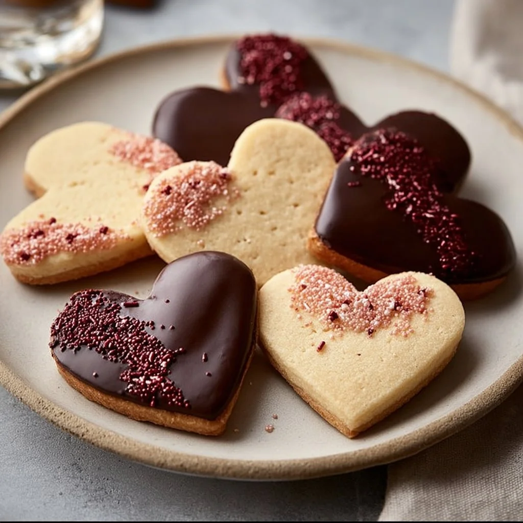 Romantic Chocolate-Dipped Shortbread Hearts (A Sweet, Elegant & Irresistible Treat!) 1 Romantic chocolate-dipped shortbread hearts elegantly presented on a plate.