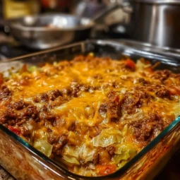 Savory Cabbage Beef Bake topped with melted cheese and herbs