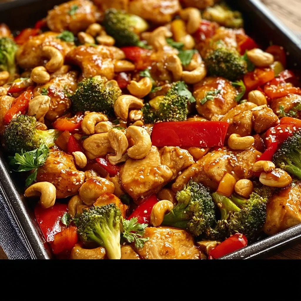 Delicious sheet pan cashew chicken with vegetables ready to serve.