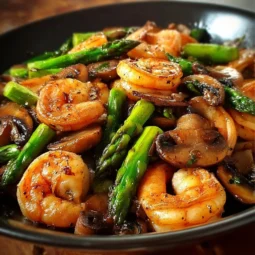 Shrimp stir-fry with asparagus and mushrooms in a colorful dish