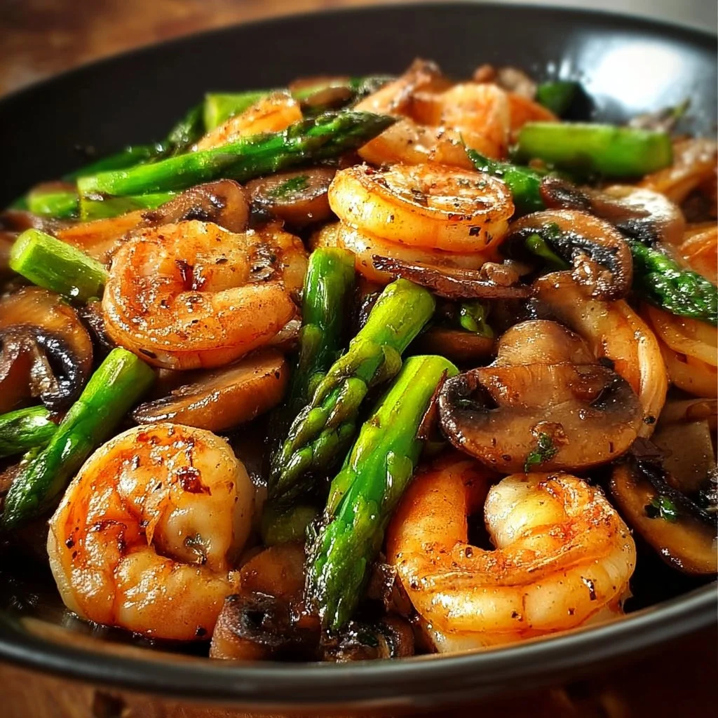 Shrimp stir-fry with asparagus and mushrooms in a colorful dish