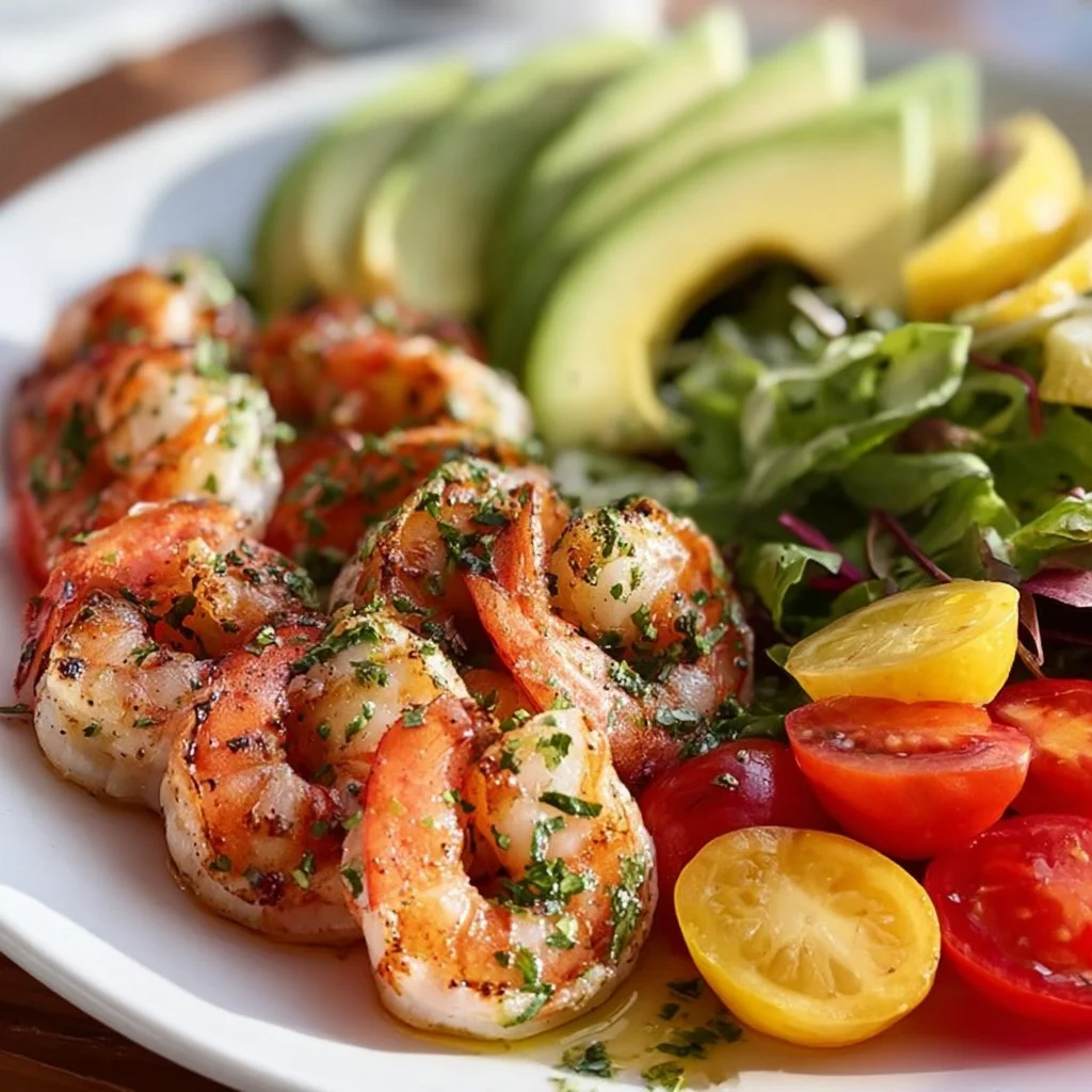 Shrimp Cobb Salad topped with Cilantro Lime Vinaigrette on a plate