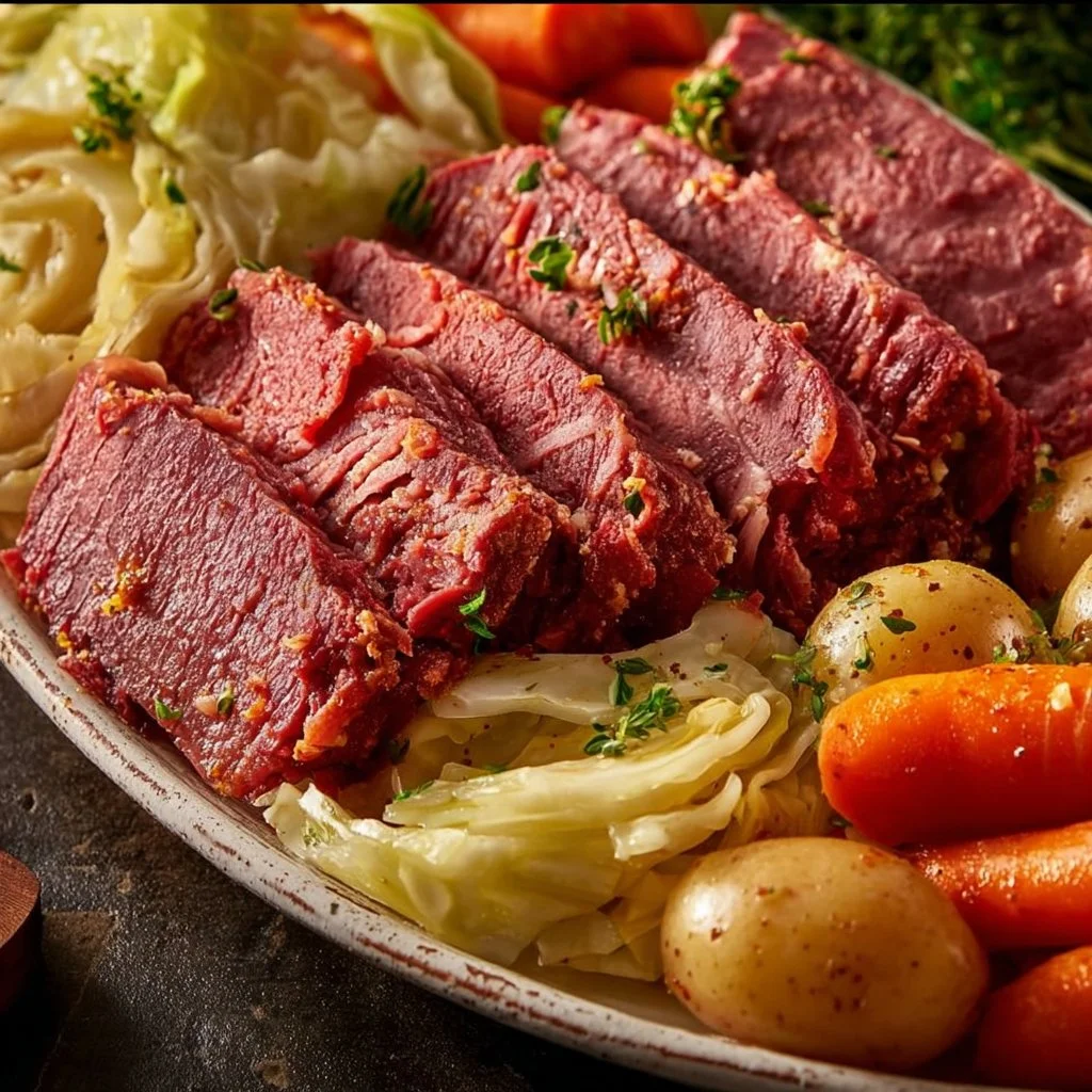 Slow Cooker Corned Beef and Cabbage served on a plate with vegetables