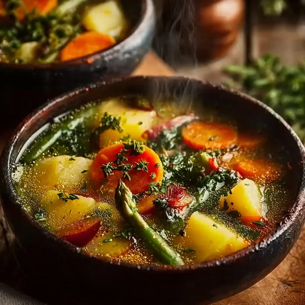 Bowl of vibrant Spring Vegetable Soup with fresh seasonal vegetables.