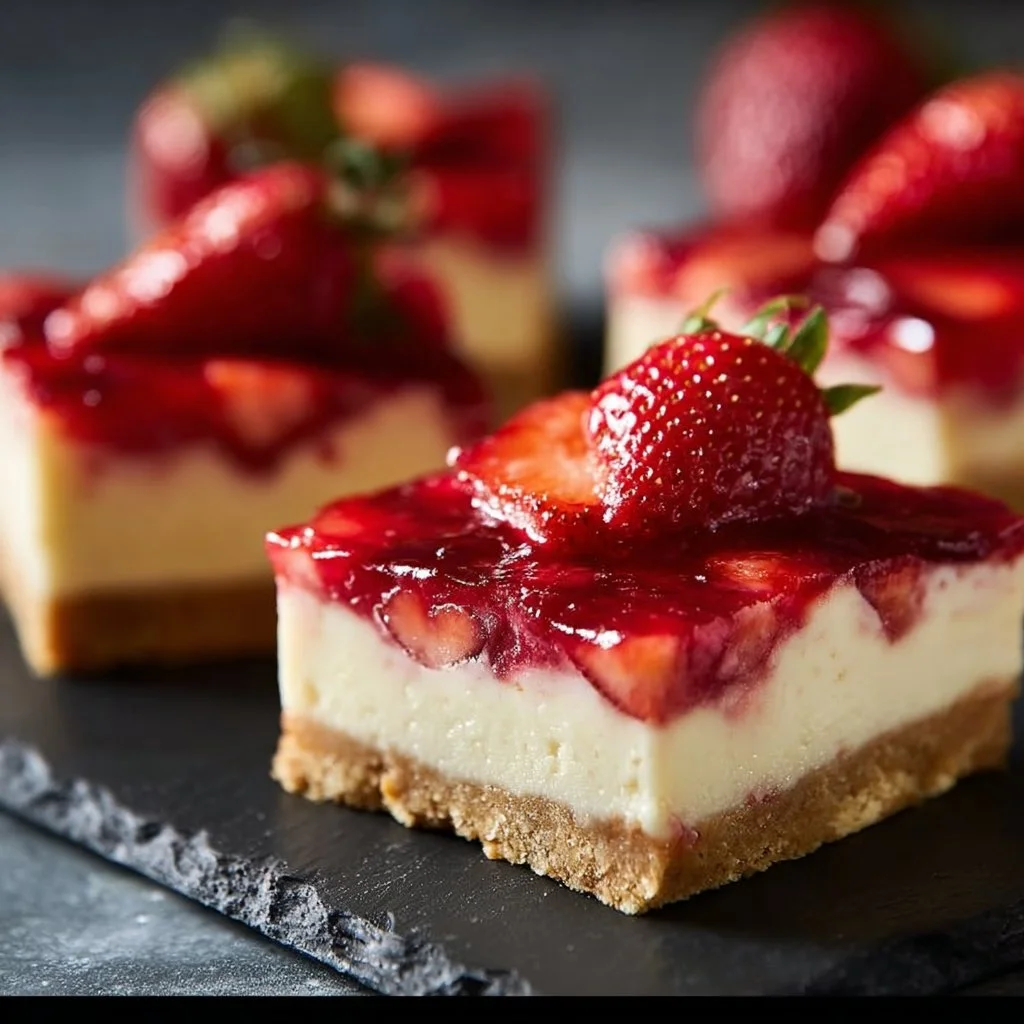 Delicious strawberry cheesecake bars topped with fresh strawberries.