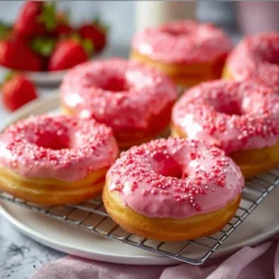 Strawberry Donuts: Bright, Baked, and Bursting with Flavor 3 A platter of bright and delicious strawberry donuts, baked to perfection.
