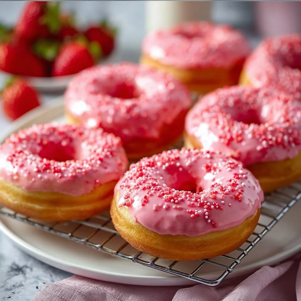 Strawberry Donuts: Bright, Baked, and Bursting with Flavor 1 A platter of bright and delicious strawberry donuts, baked to perfection.