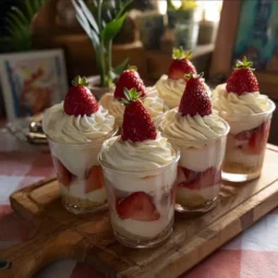 Delicious Strawberry Shortcake topped with fresh strawberries and whipped cream