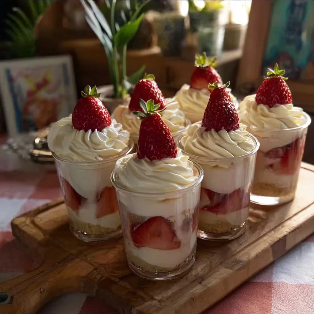Delicious Strawberry Shortcake topped with fresh strawberries and whipped cream