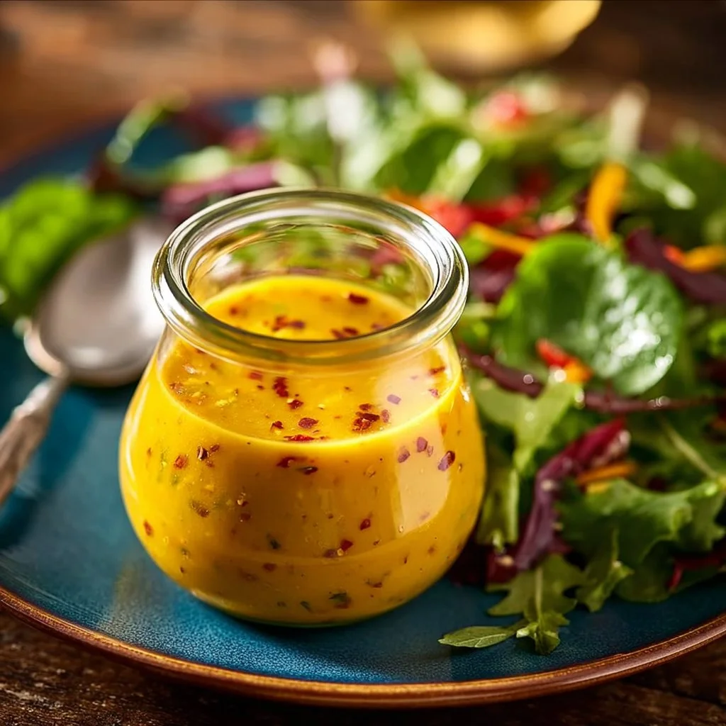 A bowl of sweet and spicy mango salad dressing with fresh ingredients