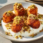 Delicious sweet potato croquettes served with burrata dip and pistachio crunch