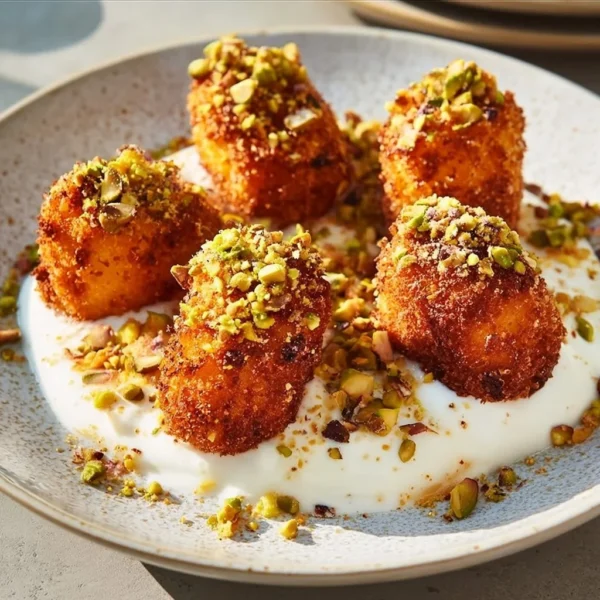 Delicious sweet potato croquettes served with burrata dip and pistachio crunch