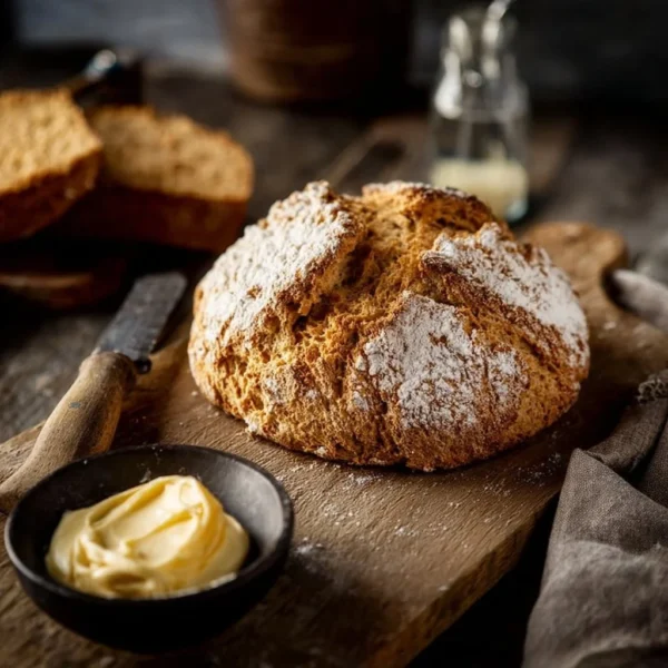 Freshly baked Traditional Irish Soda Bread on a wooden cutting board