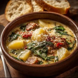 Tuscan Sausage and Potato Soup Recipe, Hearty Italian Comfort Food Dinner Idea 2 Bowl of Tuscan Sausage and Potato Soup garnished with fresh herbs