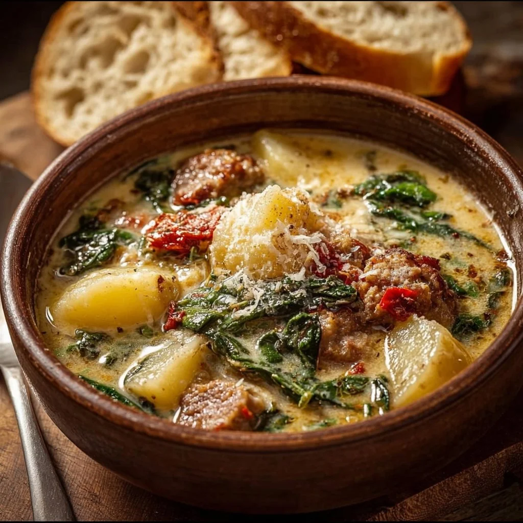 Tuscan Sausage and Potato Soup Recipe, Hearty Italian Comfort Food Dinner Idea 1 Bowl of Tuscan Sausage and Potato Soup garnished with fresh herbs