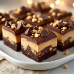 Delicious chocolate peanut butter cheesecake bars on a white plate