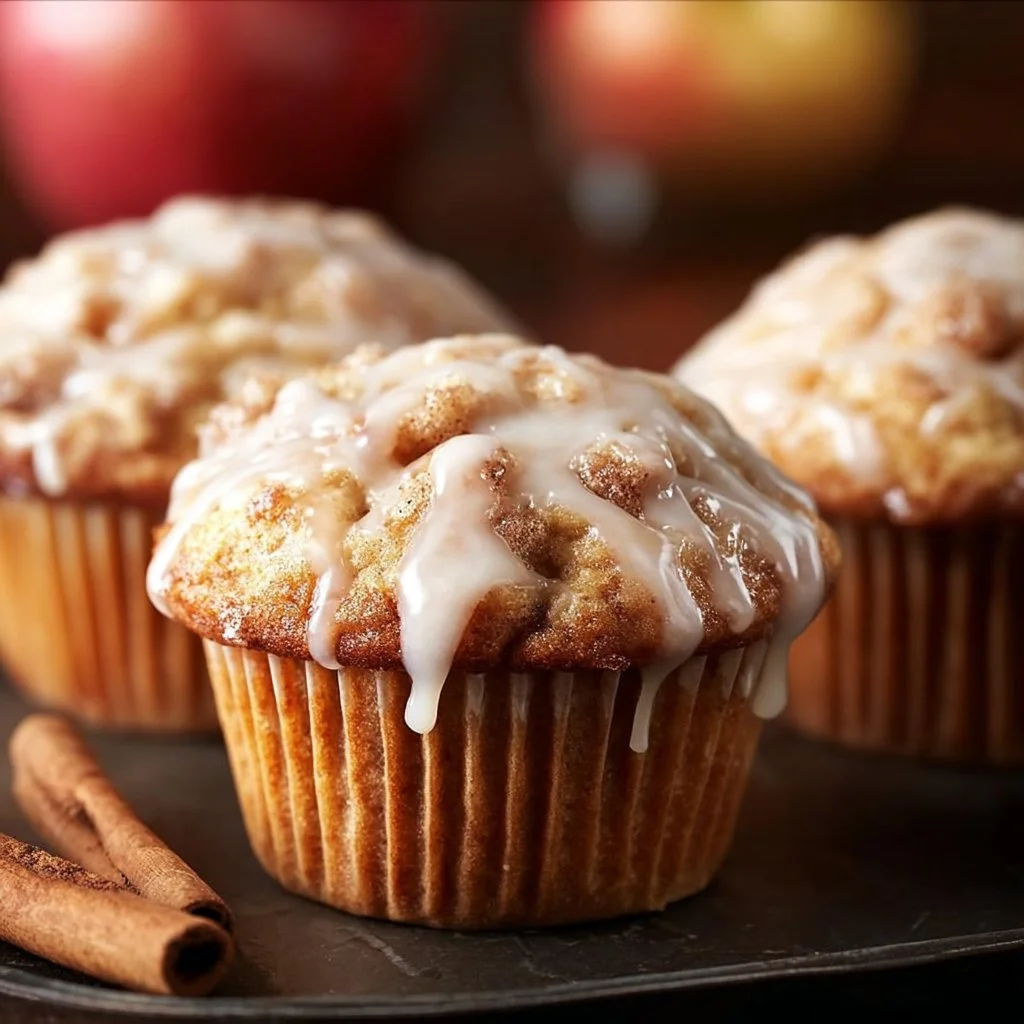 Vanilla Glazed Apple Cinnamon Muffins Recipe, Easy Fall Baking Dessert Idea 1 Vanilla glazed apple cinnamon muffins on a plate, perfect for fall baking.