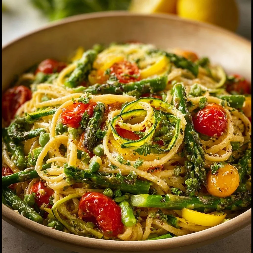 Colorful vegetable pasta recipe with fresh veggies and herbs