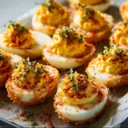 Air fryer deviled eggs served on a platter with fresh herbs.
