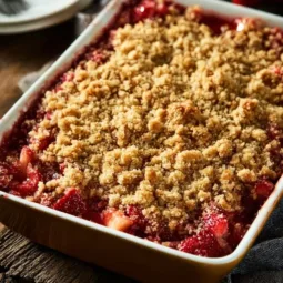 An Old-Fashioned Strawberry Rhubarb Crisp recipe. 3 Old-fashioned strawberry rhubarb crisp served in a rustic dish