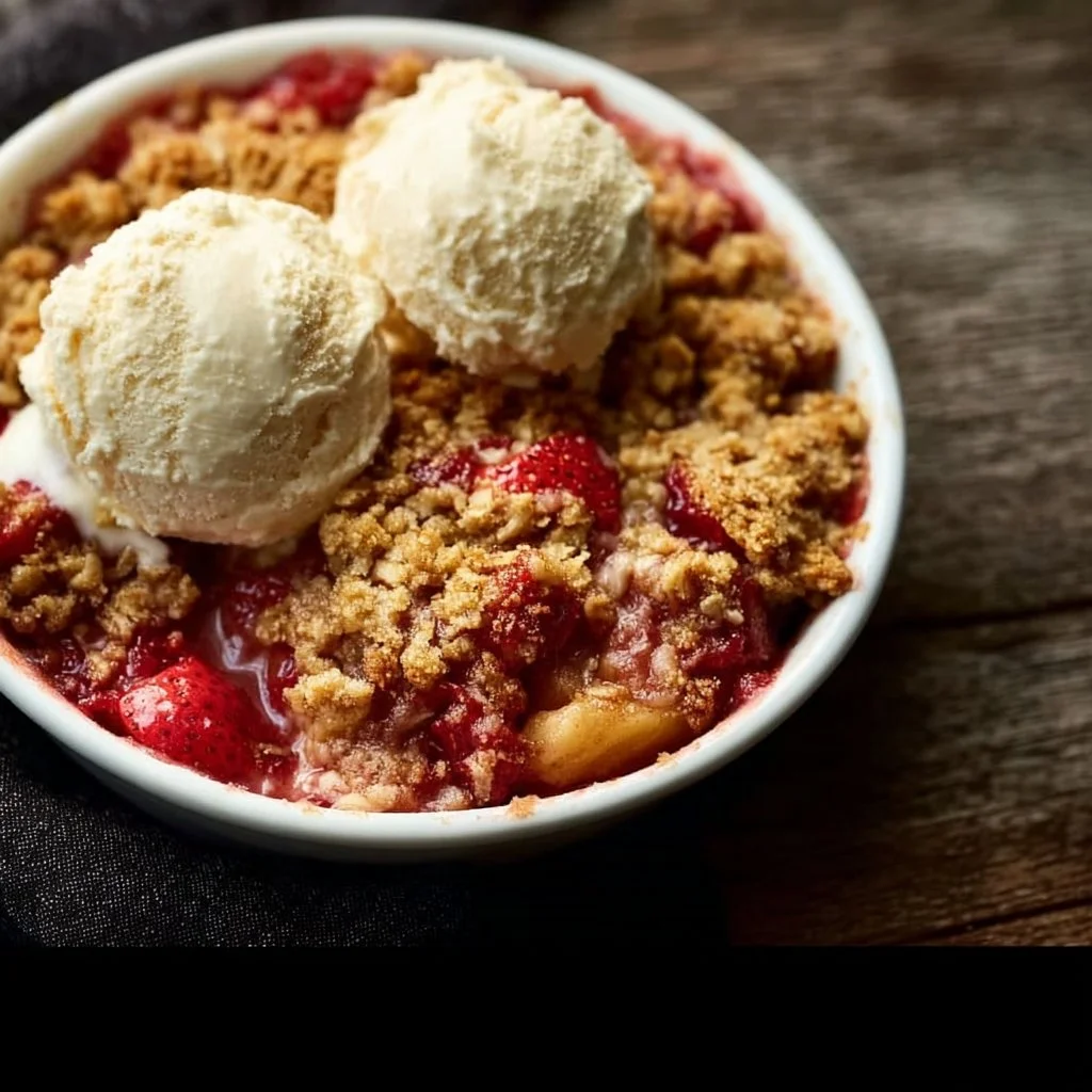 An Old-Fashioned Strawberry Rhubarb Crisp recipe. 2 An Old-Fashioned Strawberry Rhubarb Crisp recipe that's sweet and tart with fresh strawberries and rhubarb.