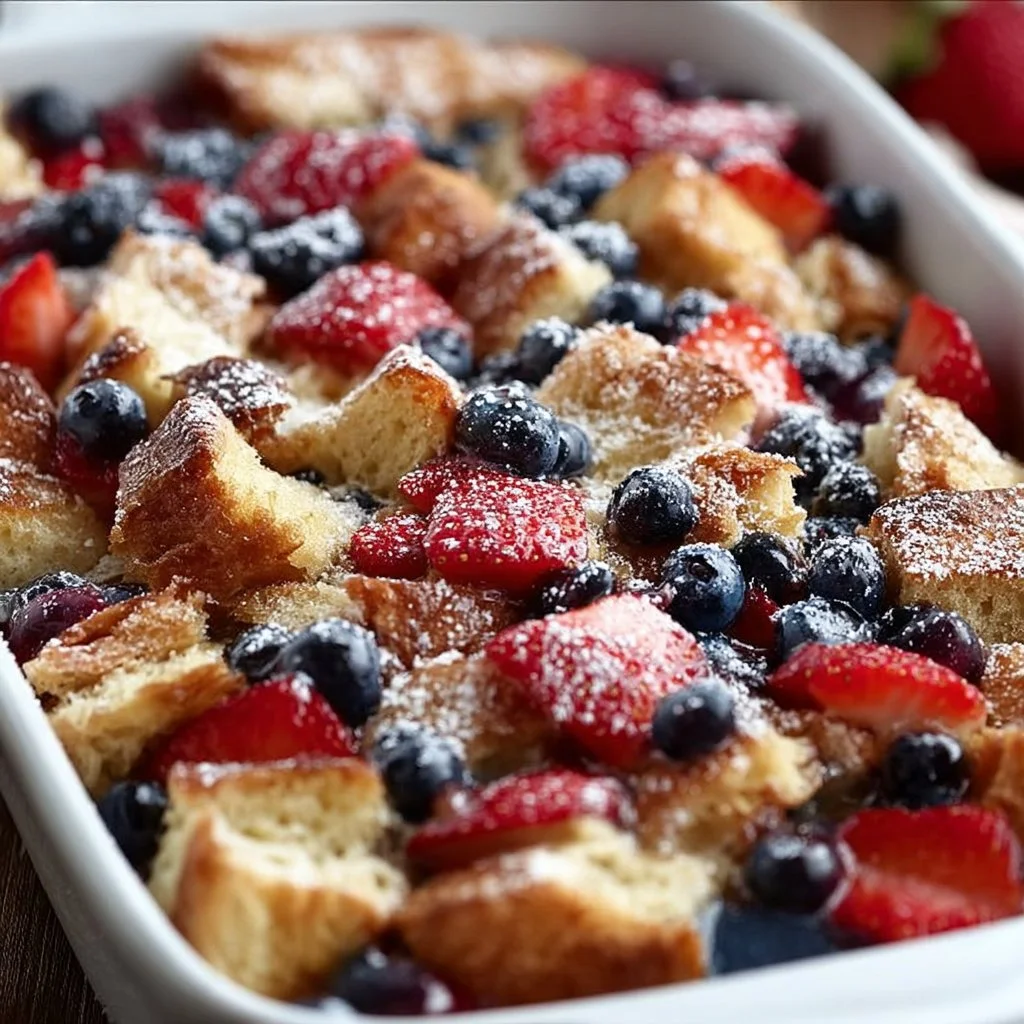 Berry French Toast Casserole Bake 1 Berry French Toast Casserole Bake topped with fresh berries and powdered sugar
