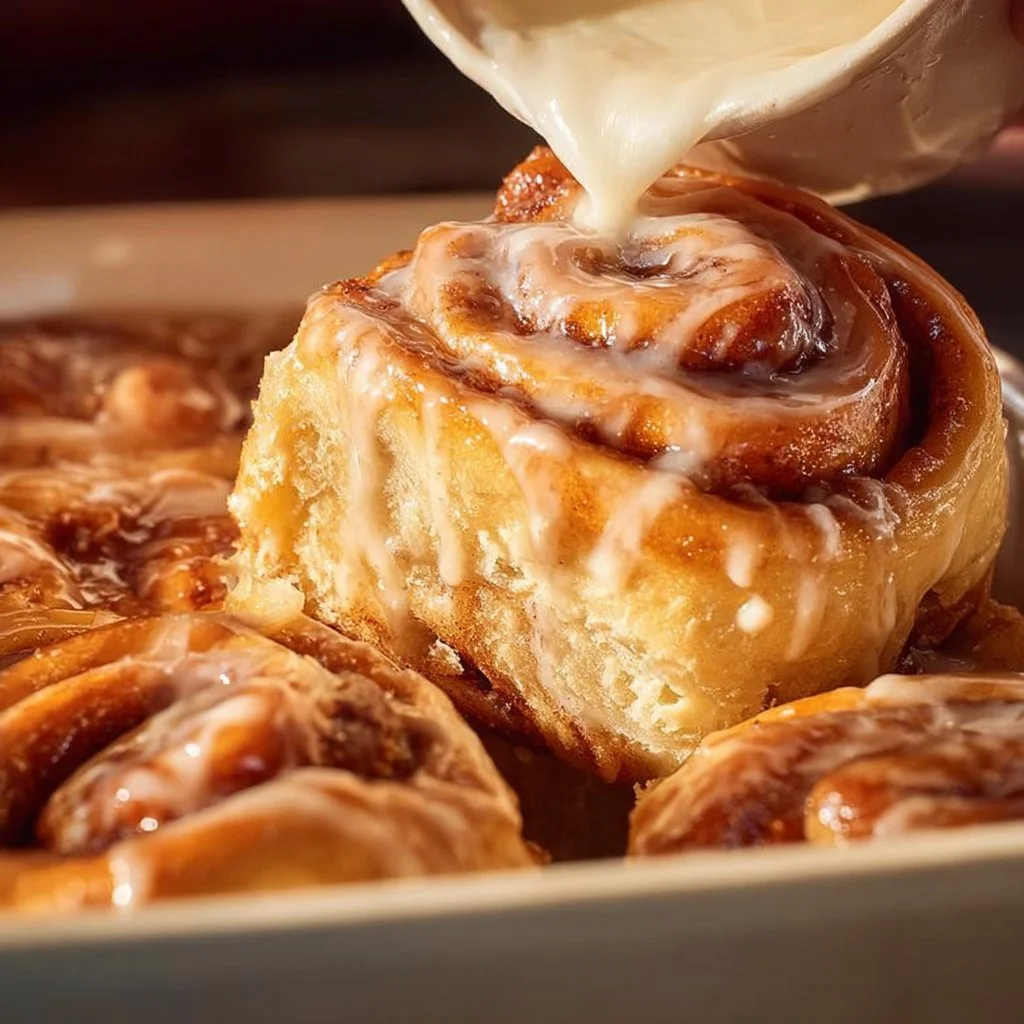 Freshly baked cinnamon rolls with icing on a rustic wooden table