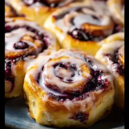 Blueberry Lemon Cinnamon Rolls 3 Freshly baked blueberry lemon cinnamon rolls topped with icing.