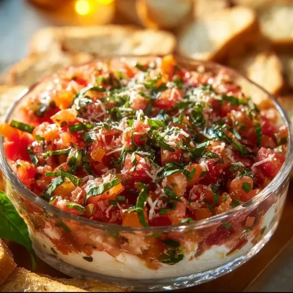 Bruschetta Dip: A Vibrant and Flavorful Appetizer to Delight Your Guests 13 Vibrant bruschetta dip served with fresh ingredients and crispy bread.