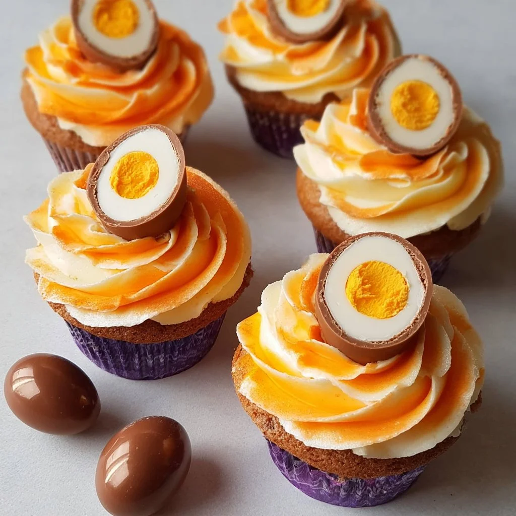 Cadbury Creme Egg Cupcakes 1 Delicious Cadbury Creme Egg Cupcakes topped with chocolate and creamy frosting