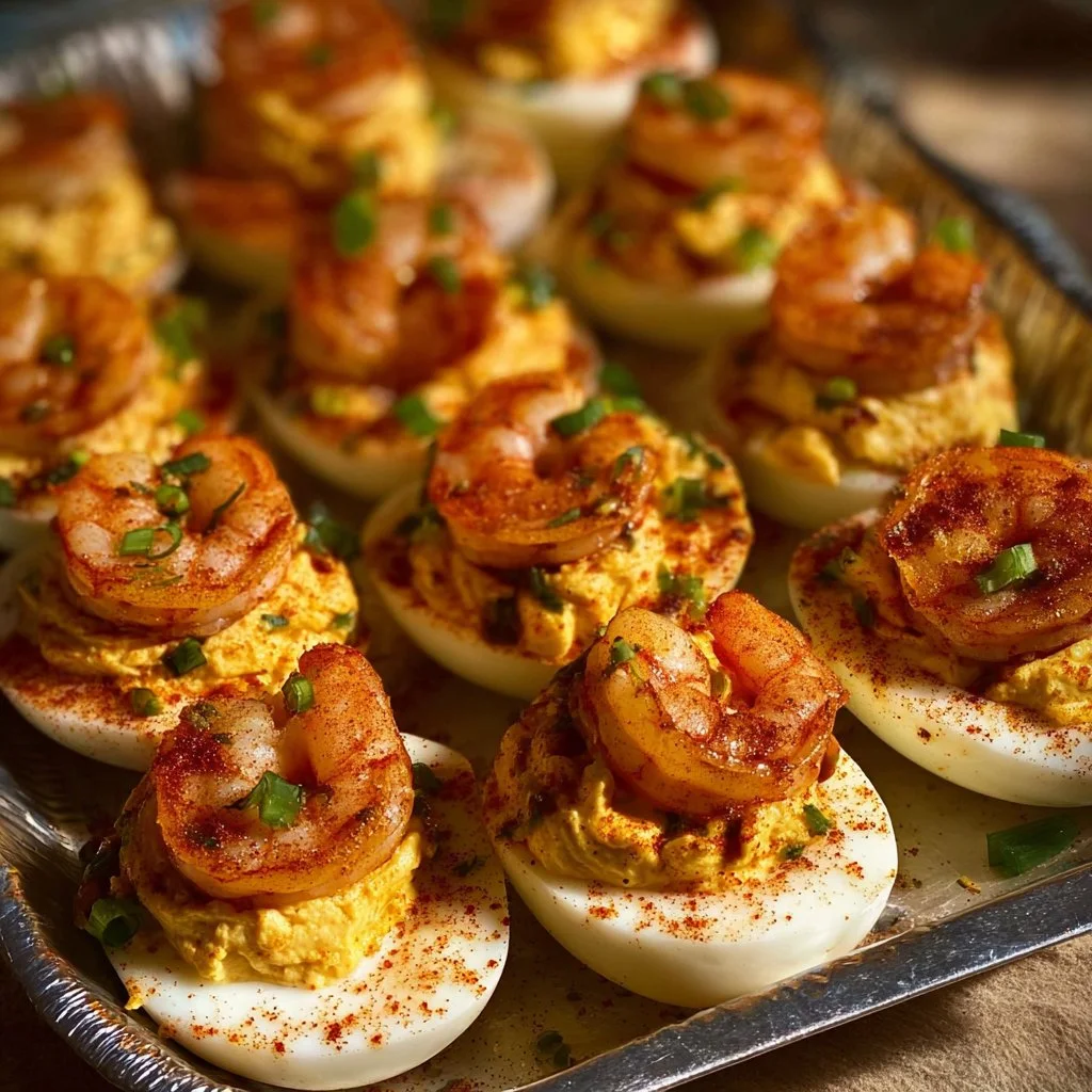 Cajun shrimp deviled eggs topped with paprika and parsley on a platter