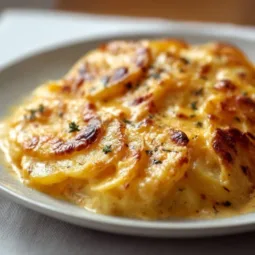 Cheesy Scalloped Potatoes 3 Baked cheesy scalloped potatoes in a casserole dish, golden and delicious.
