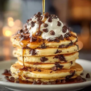Plate of delicious chocolate chip pancakes topped with syrup and chocolate chips