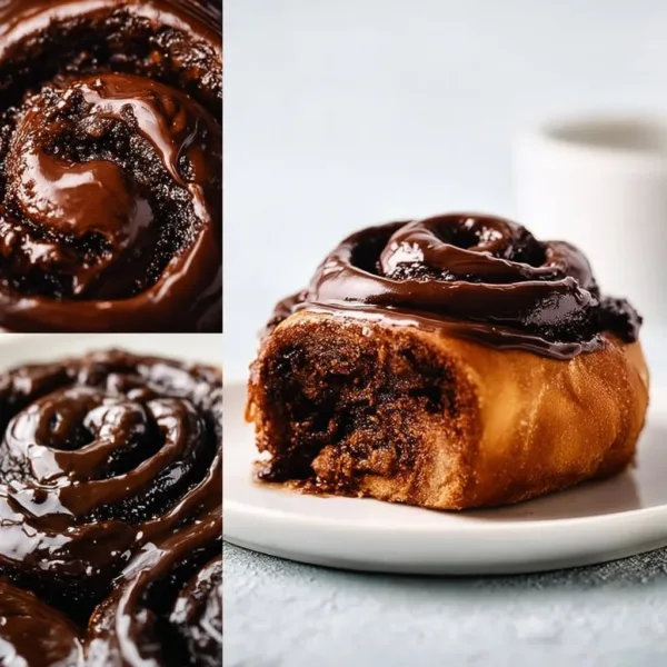 Freshly baked chocolate cinnamon rolls drizzled with icing