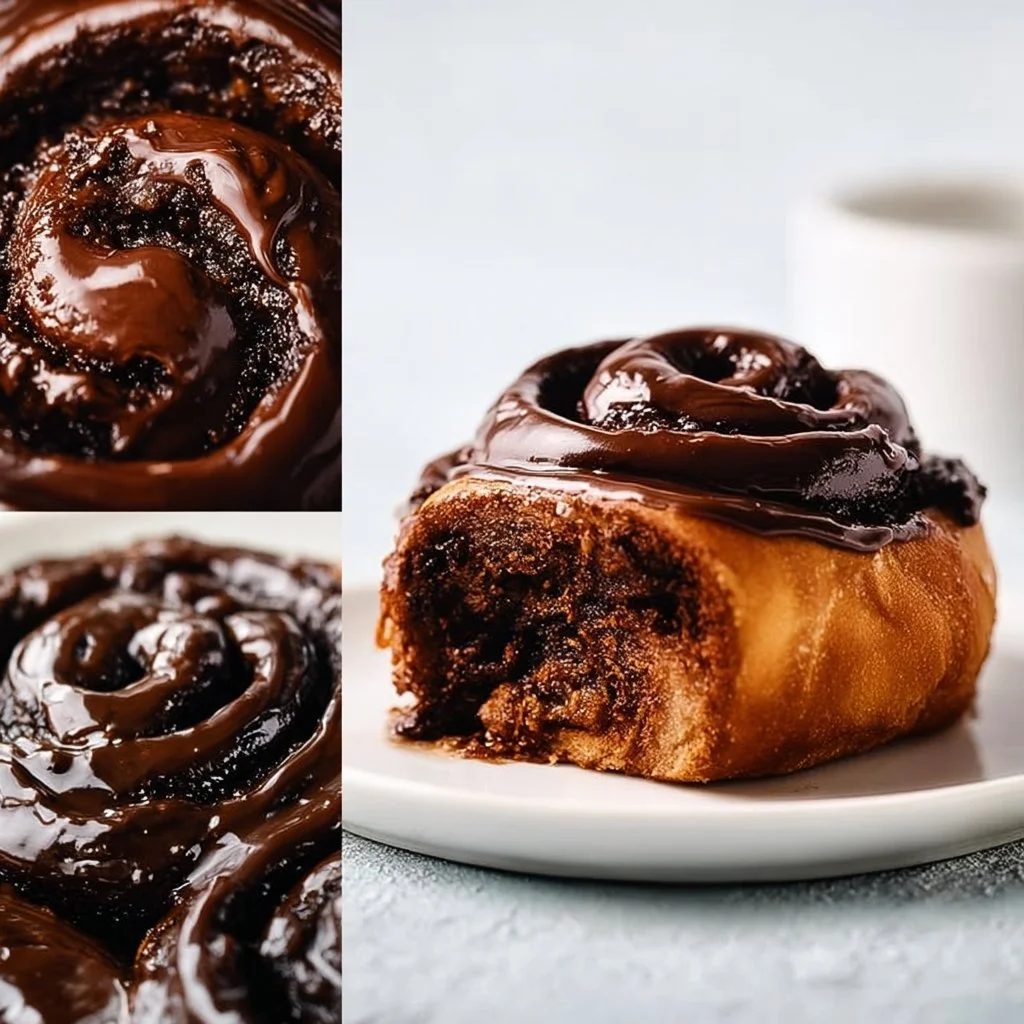 Freshly baked chocolate cinnamon rolls drizzled with icing