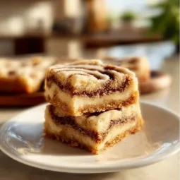 Cinnamon roll bliss bars drizzled with icing on a wooden table