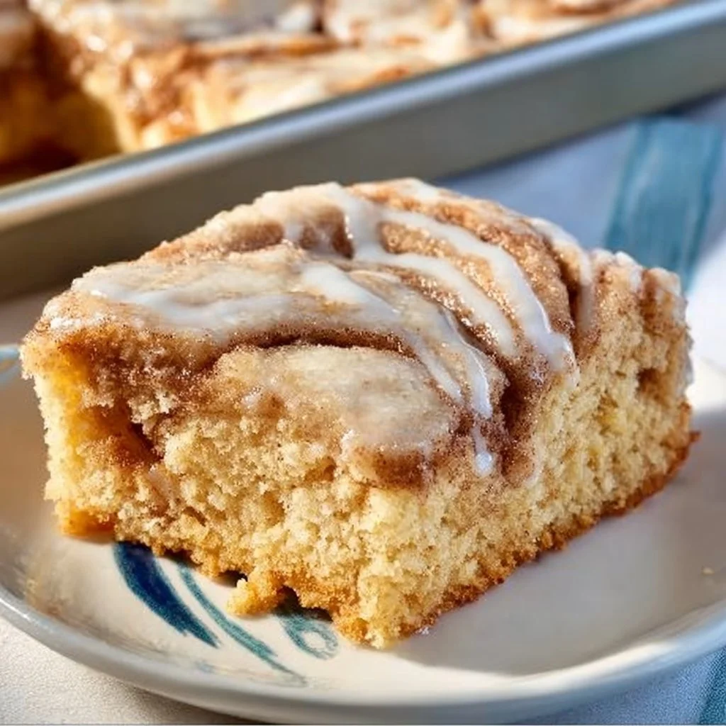 Delicious cinnamon roll cake topped with icing and cinnamon swirl
