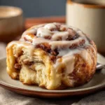 Freshly baked gooey cinnamon rolls with icing on top