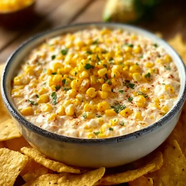 Creamy corn dip served in a bowl with tortilla chips on the side